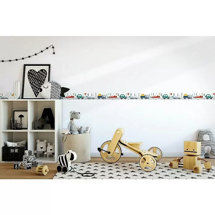 Marburg Kids' Walls Tapetenborte Fahrzeuge - Weiß/Multicolor, Motiv, L x H: 5 x 0,18 m, Vlies - Farbenfroher Wanddekorstreifen mit Cartoon-Autos, Lastwagen und Verkehrsschildern, horizontal entlang einer Kinderzimmerwand.
