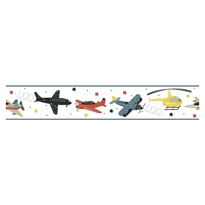 Marburg Kids' Walls Tapetenborte Flugzeuge - Kunststoff, Weiß/Multicolor - Dekorative Bordüre mit Cartoon-Flugzeugen und einem Hubschrauber in verschiedenen Farben, akzentuiert mit Sternen und gepunkteten Flugbahnen.