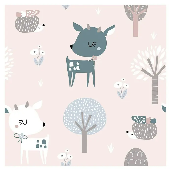 Marburg Kids' Walls Vliestapete - Rosa/Weiß, Tieroptik, 10,05 x 0,53 m - Niedliches Tiermuster mit Rehen, Igeln und Bäumen in sanften Farben, ideal für Kinderzimmertextilien und Dekorationen.
