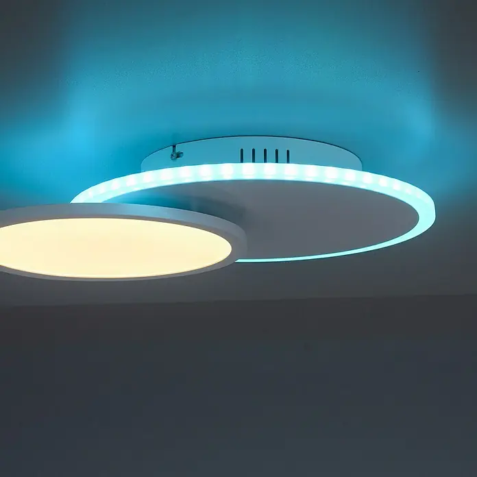 Just Light LED-Deckenleuchte Arenda - 18 W, L x B x H: 45 x 33 x 7,5 cm, Weiß, Mehrfarbig - Moderne LED-Deckenleuchte mit zwei runden Elementen, eines mit warmweißem Licht, das andere mit blauem Umgebungslicht. Stilvolle Beleuchtung für jeden Raum.