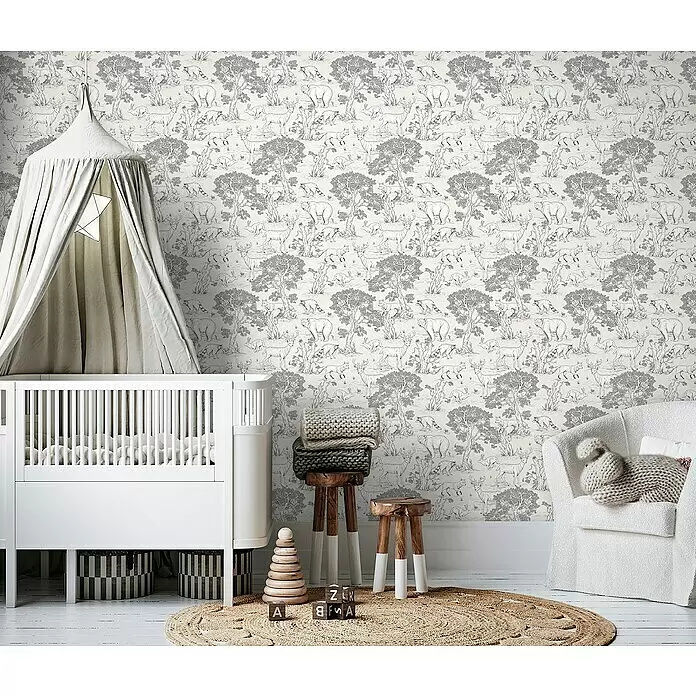 Marburg Kids' Walls Vliestapete Waldtiere - Beige/Weiß, Tieroptik, 10,05 x 0,53 m - Tapete fürs Kinderzimmer mit verspieltem Waldtiermuster in monochromer Strichzeichnung, mit Hirschen, Bären, Waschbären und Bäumen.