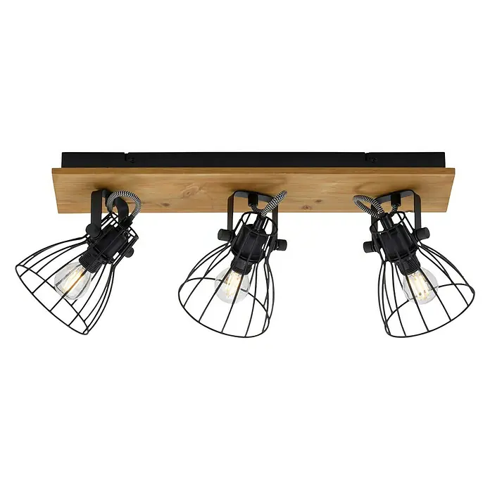 Deckenstrahler Taro - L x B x H: 58 x 22 x 15 cm, Schwarz, E14, 3 Stk. - Deckenleuchte mit drei Strahlern im Industrial-Stil, montiert auf einem Holzbalken. Die Lampen haben ein Käfigdesign und sind drehbar.