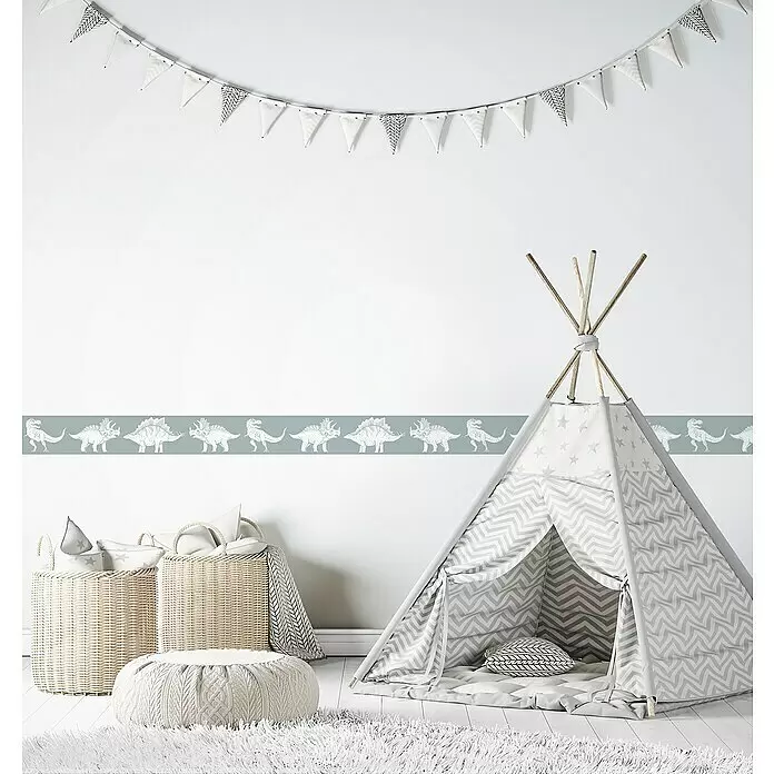 Marburg Kids' Walls Tapetenborte Dinosaurier - Kunststoff, Graugrün - Gemütliches Kinderzimmer mit grau-weißem Tipi, Weidenkörben, dekorativem Dinosaurier-Wandfries und Wimpelkette.