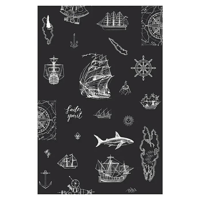 Marburg Kids' Walls Vliestapete Sailor Spirit - Schwarz/Weiß, Tieroptik, 10,05 x 0,53 m - Nautische Motive auf dunklem Hintergrund.