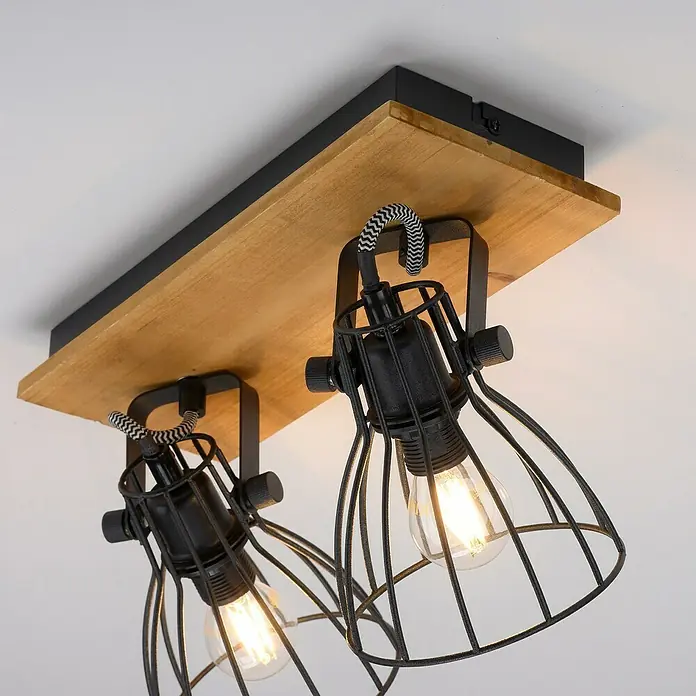 Deckenstrahler Taro - L x B x H: 40 x 22 x 15 cm, Schwarz, E14, 2 Stk. - Moderne Deckenleuchte mit zwei schwarzen Metallkäfigen und Holzsockel. Die Lampe sorgt für eine stilvolle Beleuchtung im Raum.