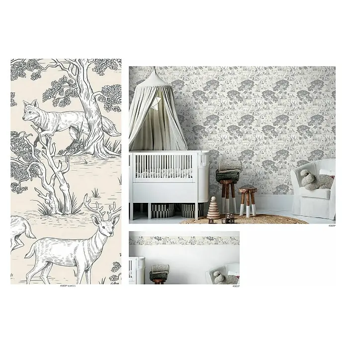 Marburg Kids' Walls Vliestapete Waldtiere - Beige/Weiß, Tieroptik, 10,05 x 0,53 m - Exquisites Kinderzimmer-Interieur mit Tiermotiven-Tapete, das eine beruhigende und fantasievolle Atmosphäre schafft.