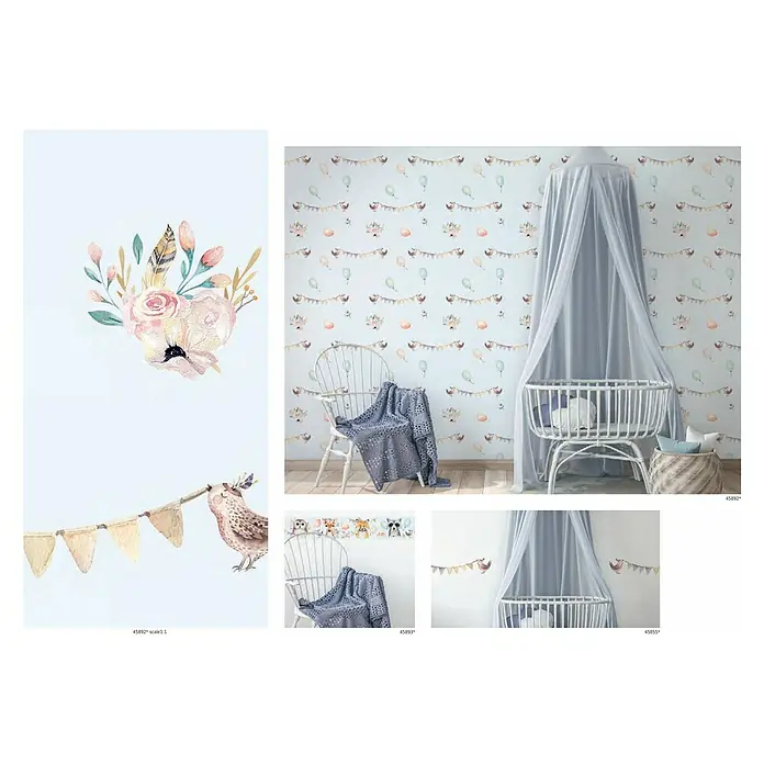 Marburg Kids' Walls Vliestapete - Grau/Multicolor, Grafisch, 10,05 x 0,53 m - Eine bezaubernde Kinderzimmer-Tapete mit floralen Motiven, Luftballons und Wimpelketten, die eine märchenhafte Atmosphäre schafft. Perfekt für eine stilvolle Babyeinrichtung.