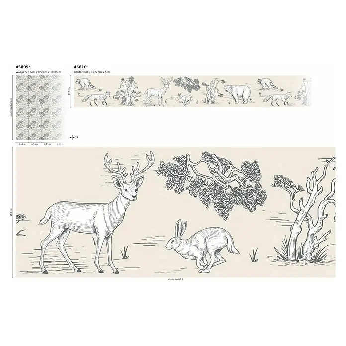 Marburg Kids' Walls Vliestapete Waldtiere - Beige/Weiß, Tieroptik, 10,05 x 0,53 m - Abbildung einer Waldtapete und Bordüre mit Waldtieren wie Hirschen, Hasen und Bären in Schwarz-Weiß auf beigem Hintergrund.
