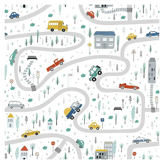 Marburg Kids' Walls Vliestapete Straßenführung - Weiß/Multicolor, Grafisch, 10,05 x 0,53 m - Illustration einer belebten Stadtkarte mit verschiedenen Fahrzeugen, Gebäuden und Straßen auf weißem Grund.