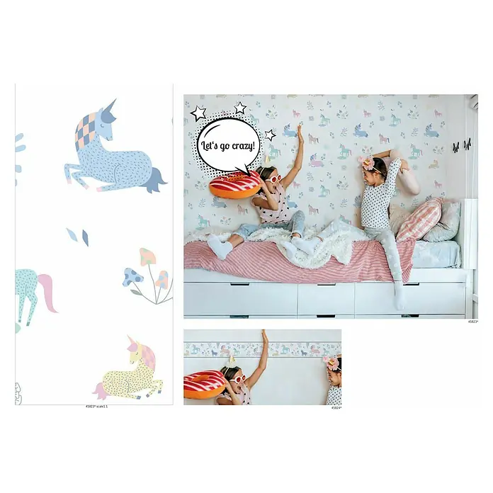 Marburg Kids' Walls Vliestapete Einhörner - Weiß/Multicolor, Tieroptik, 10,05 x 0,53 m - Ein Kinderzimmer mit einer Einhorn-Tapete und zwei Mädchen, die auf einem Bett spielen. Ein lustiges und farbenfrohes Design für das Kinderzimmer.