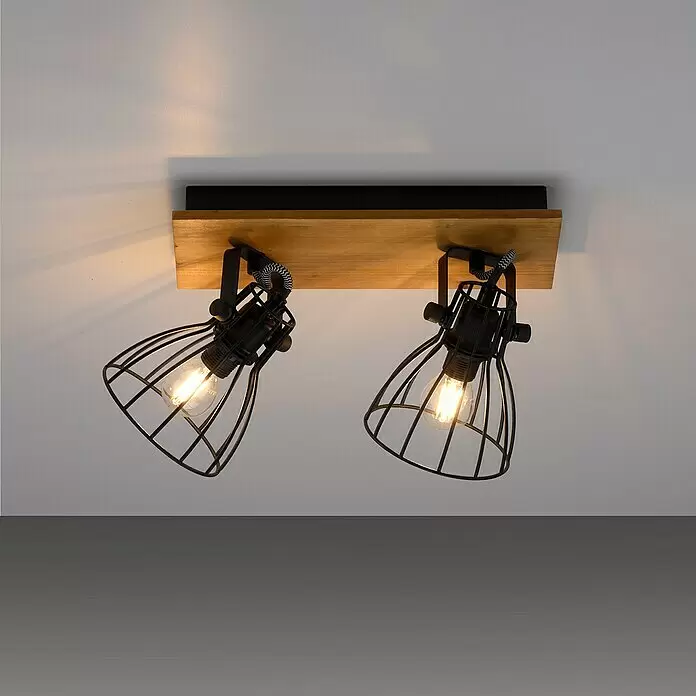 Deckenstrahler Taro - L x B x H: 40 x 22 x 15 cm, Schwarz, E14, 2 Stk. - Deckenleuchte aus schwarzem Metall und Holz mit zwei verstellbaren Käfigstrahlern und sichtbaren Glühbirnen.