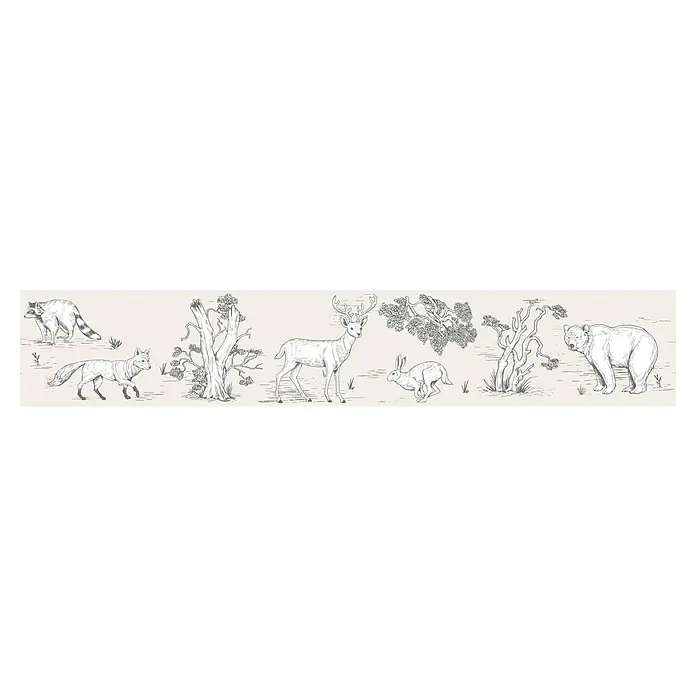 Marburg Kids' Walls Tapetenborte Waldtiere - Kunststoff, Beige/Weiß - Abbildung von Wildtieren in freier Wildbahn mit Waschbär, Fuchs, Hirsch, Hase und Bär, umgeben von Bäumen und Gras.