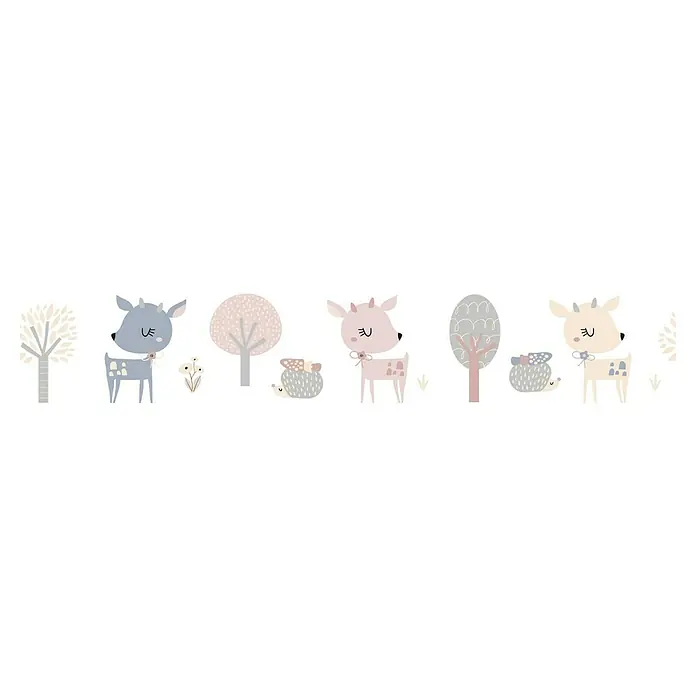 Marburg Kids' Walls Tapetenborte - Kunststoff, Weiß/Blau/Rosa - Eine Illustration mit drei Rehen, Bäumen und Igeln in sanften Pastelltönen, ideal für Kinderzimmerdekorationen.