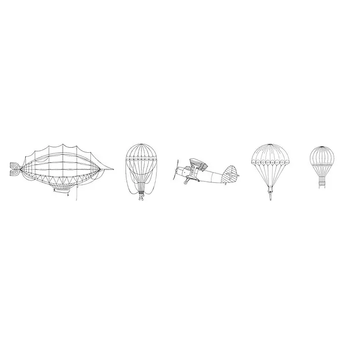 Marburg Kids' Walls Tapetenborte Luftschiffe - Kunststoff, Weiß/Schwarz - Illustration eines Luftschiffs, Ballons, eines Flugzeugs und Fallschirme, die verschiedene Arten von Flugzeugen darstellen.