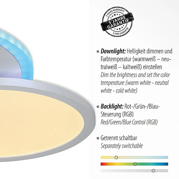 Just Light LED-Deckenleuchte Arenda - 18 W, L x B x H: 45 x 33 x 7,5 cm, Weiß, Mehrfarbig - Produktbild einer dimmbaren LED-Deckenleuchte mit einstellbarer Farbtemperatur und RGB-Backlight, inklusive 5 Jahre Garantie.
