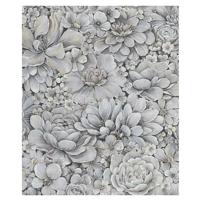 Marburg Botanica Vliestapete - Grau, Floral, 10,05 x 0,53 m - Detailansicht eines eleganten, floralen Wandbilds mit sanften Grautönen, das eine beruhigende und stilvolle Atmosphäre schafft.