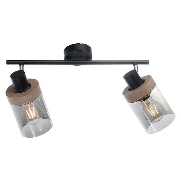 Just Light Deckenstrahler Pasqual - 80 W, L x B x H: 64 x 30 x 24 cm, Schwarz, E27 - Moderne Deckenleuchte mit zwei Glaslampenschirmen und Holzdetails. Diese Leuchte sorgt für stilvolle Beleuchtung in jedem Raum.