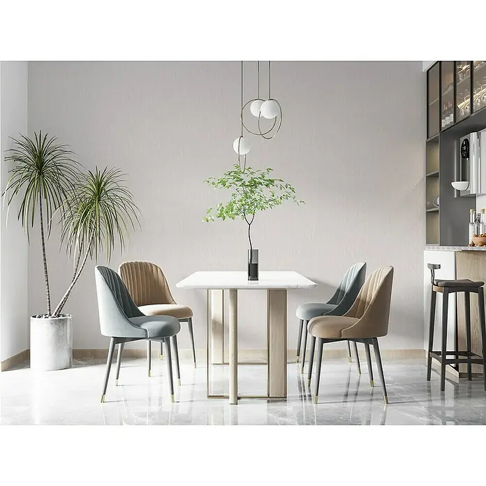 Marburg Botanica Vliestapete - Rosa, Uni, 10,05 x 0,53 m - Elegantes Esszimmer-Arrangement mit stilvollem Esstisch und farblich abgestimmten Stühlen, ergänzt durch moderne Beleuchtung und dekorative Elemente.