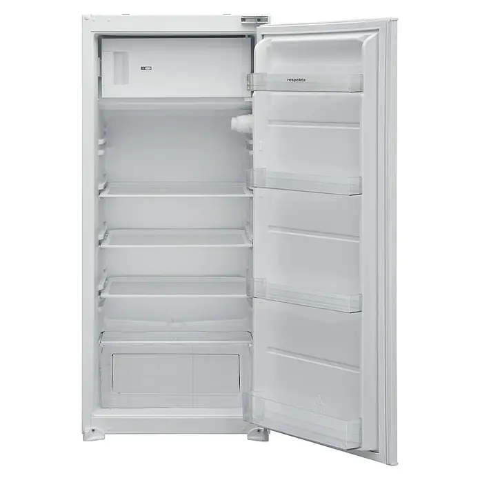 Respekta Premium Küchenzeile GabrielBreite: 290 cm, Weiß, Mit Elektrogeräten - Offener weißer Respekta Kühlschrank mit Gefrierfach und transparenten Fächern. Ideal zur Lagerung von Lebensmitteln und Getränken.