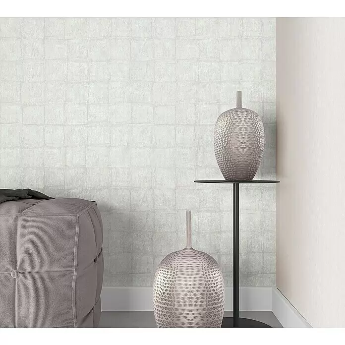 Marburg Botanica Vliestapete - Rosa/Grau, Fliesenoptik, 10,05 x 0,53 m - Helle, graue, strukturierte Tapete mit subtilem Quadratmuster in einem modernen Interieur mit Deko-Elementen.