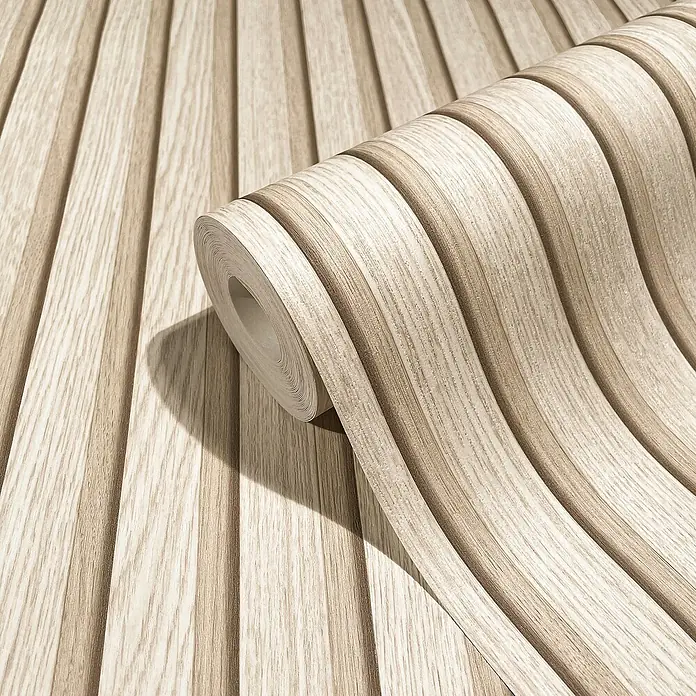 Marburg Botanica Vliestapete Wandpaneele - Beige, Holzoptik, 10,05 x 0,53 m - Ein Roll-up der Holzpaneel-Tapete mit natürlicher Holzmaserung in neutralen Farbtönen, perfekt für moderne Innenräume.