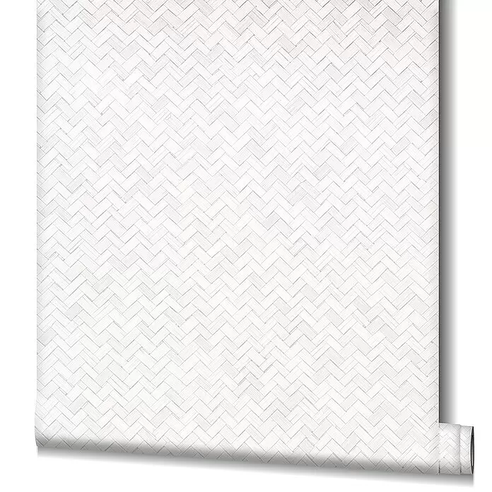 Marburg Botanica Vliestapete Allover - Weiß, Grafisch, 10,05 x 0,53 m - Weiße Tapetenrolle mit dezentem Fischgrät-Webmuster.