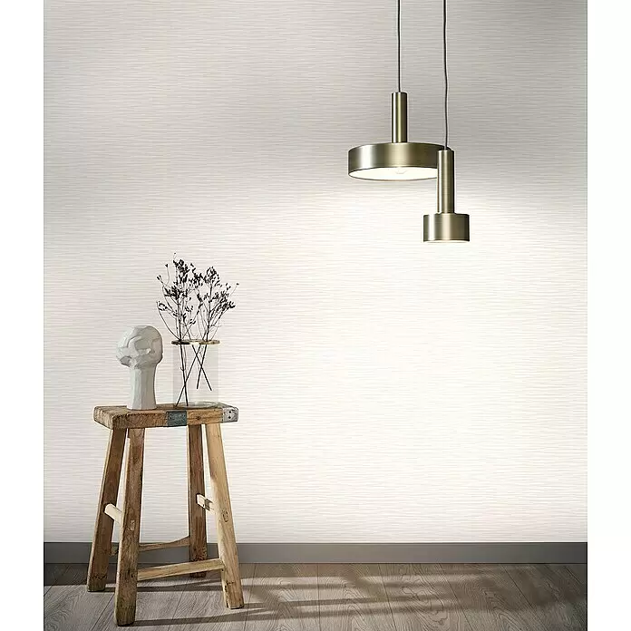 Marburg Botanica Vliestapete Webstruktur - Weiß/Beige, Uni, 10,05 x 0,53 m - Helle beige Tapete mit feinem horizontalem Strukturmuster an einer Wand.
