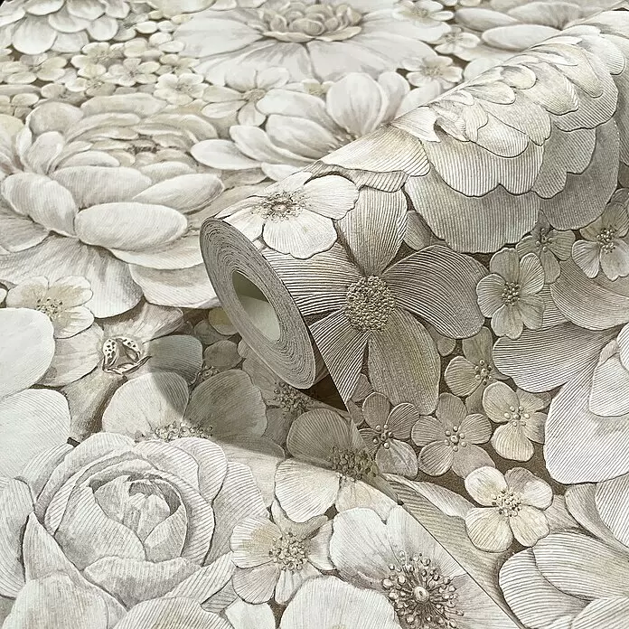 Marburg Botanica Vliestapete - Greige, Floral, 10,05 x 0,53 m - Tapetenrolle mit weißem und beigem Blumenmuster, zeigt texturierte Details.