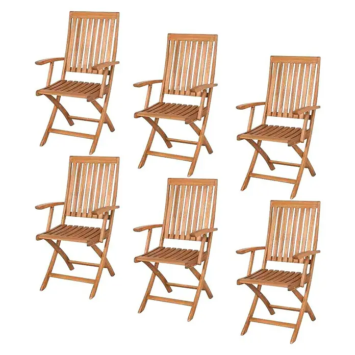 Siena Garden Gartenmöbel-Set Paleros im Set - 6 -tlg., Holz, Natur, Gartenstuhl klappbar - Bild von sechs Armlehnstühlen aus Holz, die sich ideal für den Garten oder die Terrasse eignen. Die Stühle sind klappbar und leicht zu verstauen.