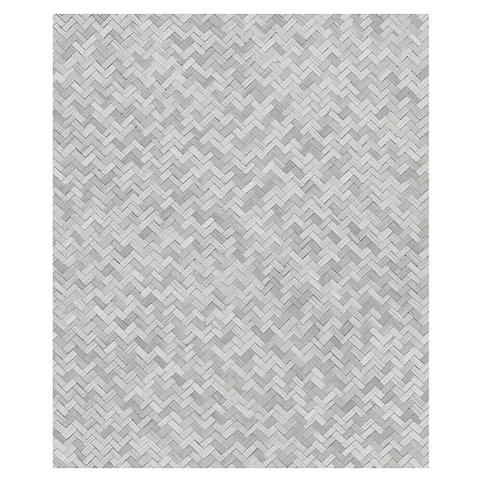 Marburg Botanica Vliestapete Allover - Grau, Grafisch, 10,05 x 0,53 m - Nahaufnahme eines geflochtenen Bambus-Wandpaneels mit einem subtilen Fischgrätenmuster in sanften Grautönen und einer feinen Textur.