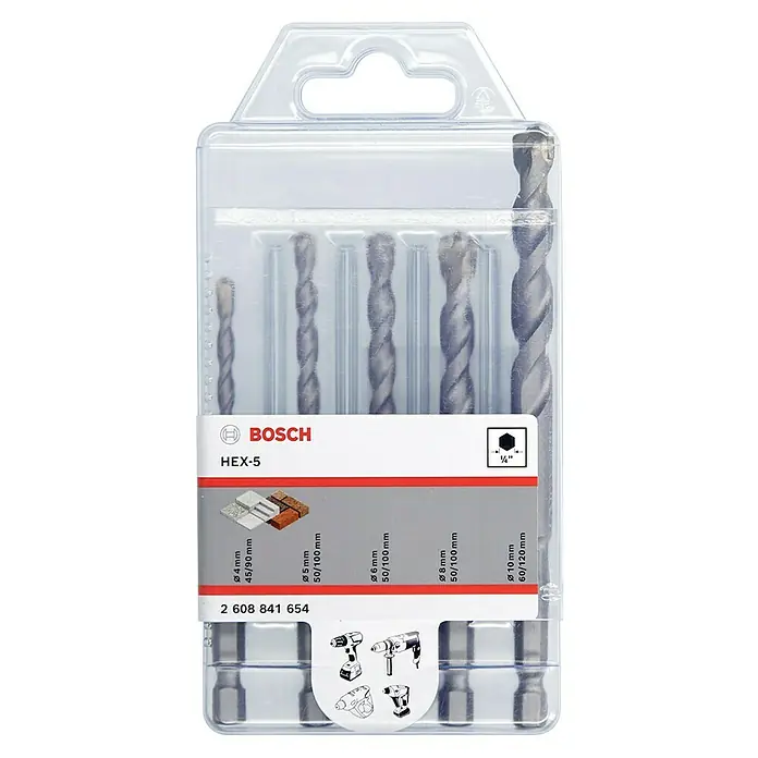 Bosch Betonbohrer-Set HEX-5 Concrete - 5 -tlg., 4 mm - 10 mm - Ein Set mit Bosch HEX-5 Bohrern in verschiedenen Größen, verpackt in einer transparenten Kunststoffverpackung.