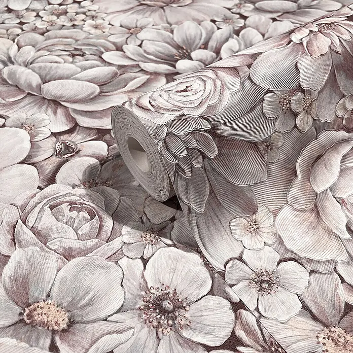 Marburg Botanica Vliestapete - Rosa/Grau, Floral, 10,05 x 0,53 m - Nahaufnahme einer Rolle floral gemusterter Tapete in zarten Farbtönen, die eine romantische Atmosphäre schafft.