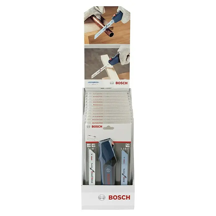 Bosch Handgriff Set - Passend für: Handsägen und Elektrosägen - Eine Nahaufnahme einer Bosch Sägeblatt-Packung, die das Sägeblatt und den Handgriff hervorhebt, mit einer Demonstration des Sägens von Holz und Metall.
