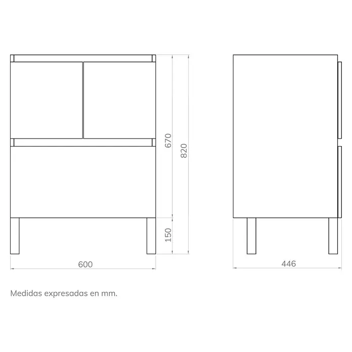 Artysan Mueble bajo de lavabo Pine - L x An x Al: 44,6 x 60 x 82 cm, Pino - Ilustración de un mueble de lavabo con dimensiones 600 x 446 x 820 mm, con cajones y patas, mostrado en un dibujo técnico.