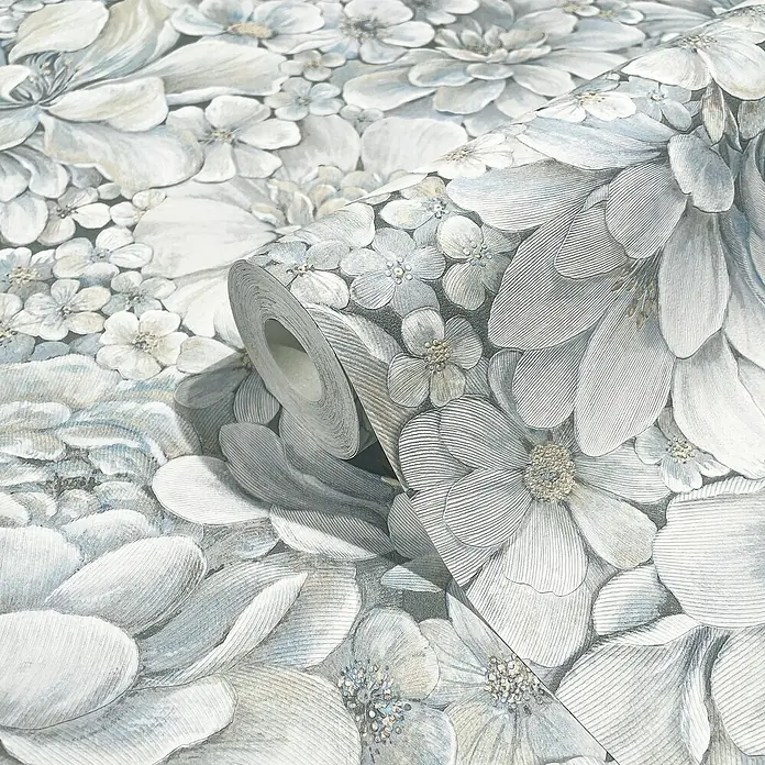 Marburg Botanica Vliestapete - Blau/Grau, Floral, 10,05 x 0,53 m - Rolle mit floral gemusterter Tapete in Grautönen. Das florale Design verleiht jedem Raum Eleganz und Frische.