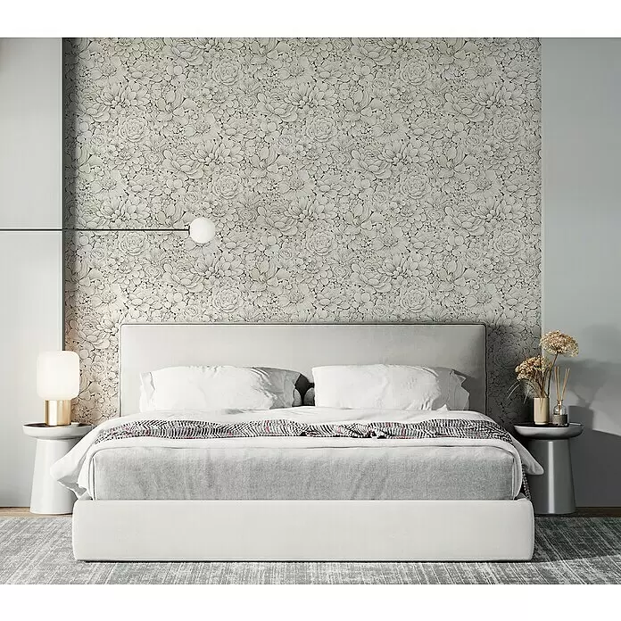 Marburg Botanica Vliestapete - Greige, Floral, 10,05 x 0,53 m - Detailreiche, helle Blumentapete als Akzentwand hinter einem modernen Bett im Schlafzimmer.