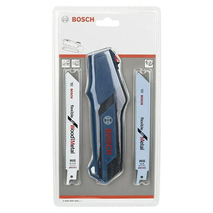 Bosch Handgriff Set - Passend für: Handsägen und Elektrosägen - Das Bild zeigt eine Bosch Säbelsäge mit zwei Sägeblättern für Holz und Metall, verpackt in einer transparenten Kunststoffverpackung.