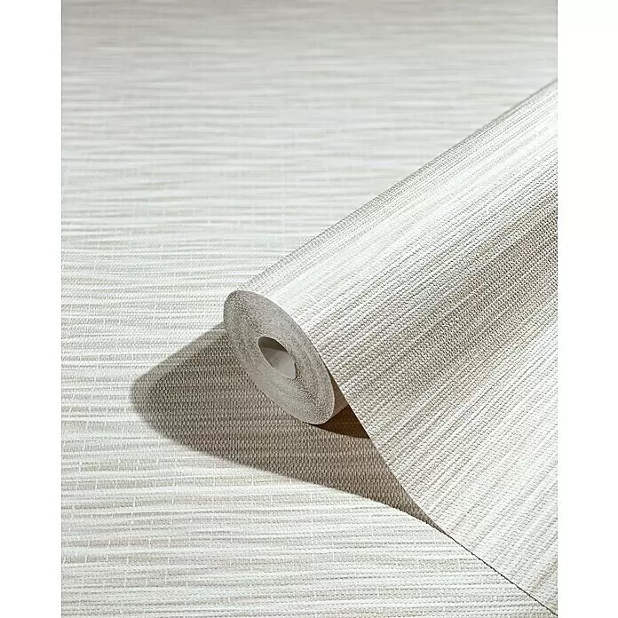 Marburg Botanica Vliestapete Webstruktur - Weiß/Beige, Uni, 10,05 x 0,53 m - Teilweise abgerollte Rolle hellbeiger Tapete mit horizontalem Strukturstreifenmuster, das eine gewebte Optik zeigt.