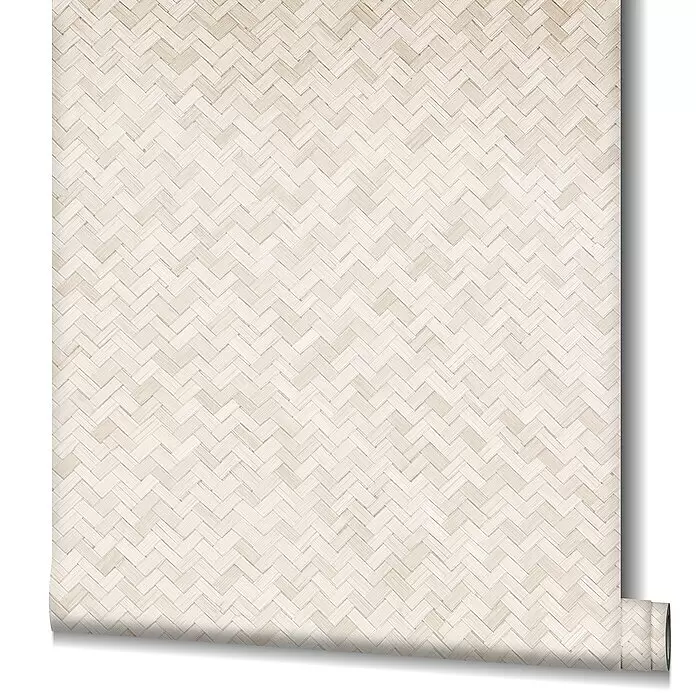 Marburg Botanica Vliestapete Allover - Cremebeige, Grafisch, 10,05 x 0,53 m - Helle beigefarbene Tapetenrolle mit gewebtem Muster.