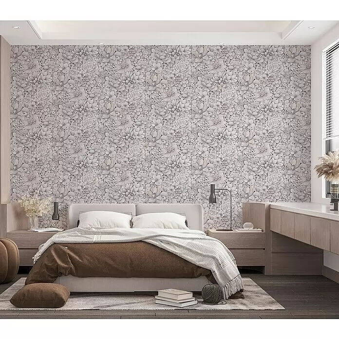 Marburg Botanica Vliestapete - Rosa/Grau, Floral, 10,05 x 0,53 m - Helle Blumentapete mit filigranen Blumen- und Blattmustern an einer Schlafzimmerwand.