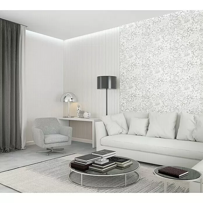 Marburg Botanica Vliestapete Struktur - Weiß/Grau, Uni, 10,05 x 0,53 m - Modernes, monochromes Wohnzimmer mit weißem Sofa, grauem Sessel und gemusterten Akzentwänden.