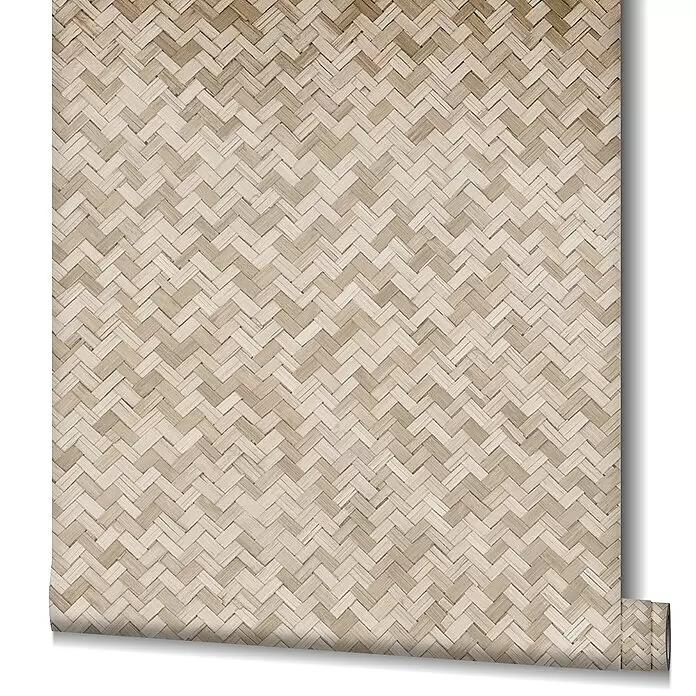 Marburg Botanica Vliestapete Allover - Beige, Grafisch, 10,05 x 0,53 m - Teilweise abgerollte Tapete mit natürlichem, gewebtem Fischgrätmuster in hellbraunen Tönen.