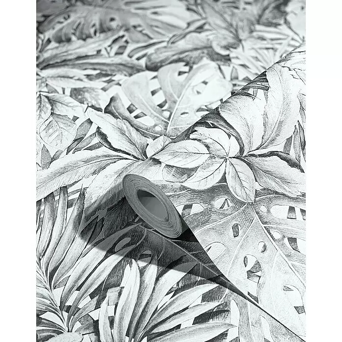 Marburg Botanica Vliestapete - Hellgrau, Floral, 10,05 x 0,53 m - Eine Rolle schwarz-weiß gemusterter Tapete mit tropischen Blättern, teilweise ausgerollt, um das detaillierte Design zu zeigen.