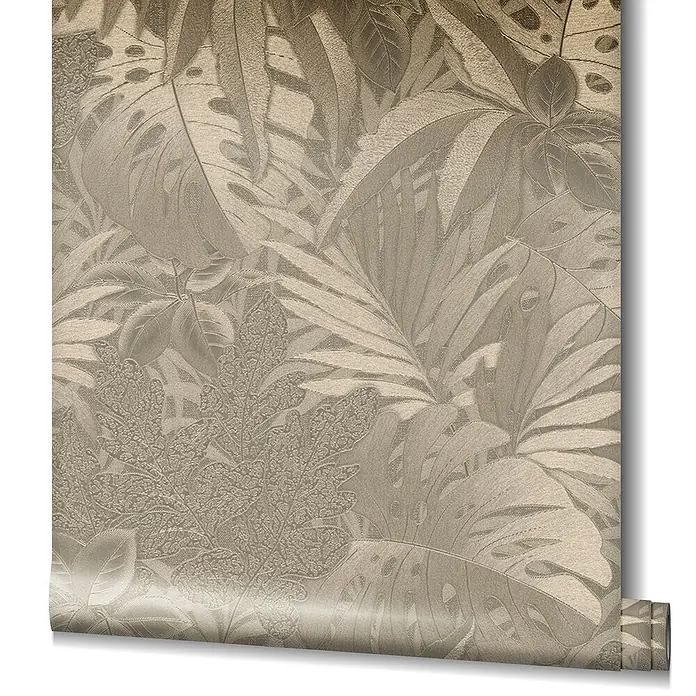 Marburg Botanica Vliestapete - Gold, Floral, 10,05 x 0,53 m - Nahaufnahme einer Rolle mit dekorativer floraler Tapete in warmen Farbtönen, ideal für ein stilvolles Interieur.