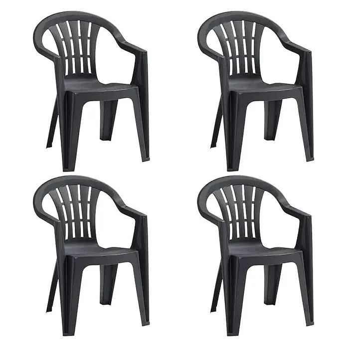 Stapelstuhl Cuba Fresh im Set - 4 Stk., B x T x H: 58 x 56 x 79 cm, Graphit, Gartenstuhl stapelbar - Vier schwarze Plastikstühle mit Armlehnen im Rasterformat. Die Stühle sind robust und wetterfest, ideal für Garten oder Terrasse.
