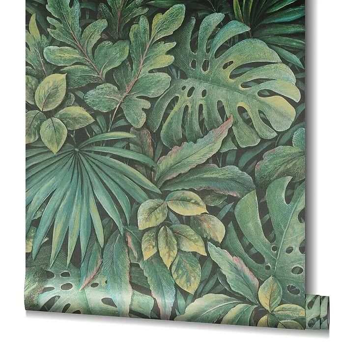 Marburg Botanica Vliestapete - Grün, Floral, 10,05 x 0,53 m - Detailaufnahme einer Rolle Wandtapete mit üppigem tropischen Blätterdesign in verschiedenen Grüntönen. Ein auffälliges Dekoelement für jeden Raum.