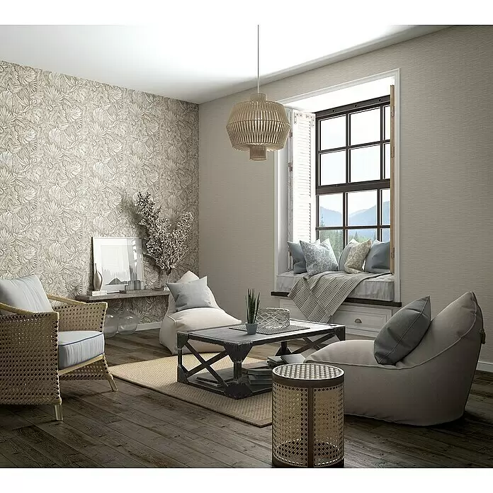 Marburg Botanica Vliestapete - Beige, Floral, 10,05 x 0,53 m - Böhmisches Wohnzimmer mit Rattanmöbeln, natürlicher Strukturtapete, gemütlichen Sitzsäcken und einem behaglichen Fensterplatz.