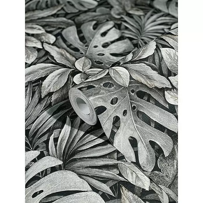 Marburg Botanica Vliestapete - Braun, Floral, 10,05 x 0,53 m - Teilweise abgerollte Tapetenrolle mit einem monochromen tropischen Blättermuster, das Monstera- und Palmenblätter zeigt.
