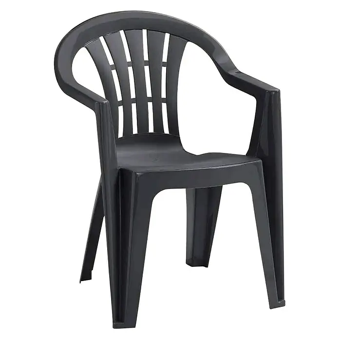 Stapelstuhl Cuba Fresh im Set - 4 Stk., B x T x H: 58 x 56 x 79 cm, Graphit, Gartenstuhl stapelbar - Aufnahme eines anthrazitfarbenen, leichten, tragbaren Gartenstuhls aus Kunststoff mit Armlehnen und einem gewölbten Rückenteil.