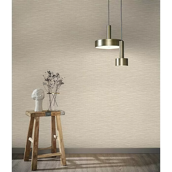 Marburg Botanica Vliestapete Webstruktur - Beige, Uni, 10,05 x 0,53 m - Beige Tapete in Leinenoptik mit subtiler horizontaler Textur an einer Wand.